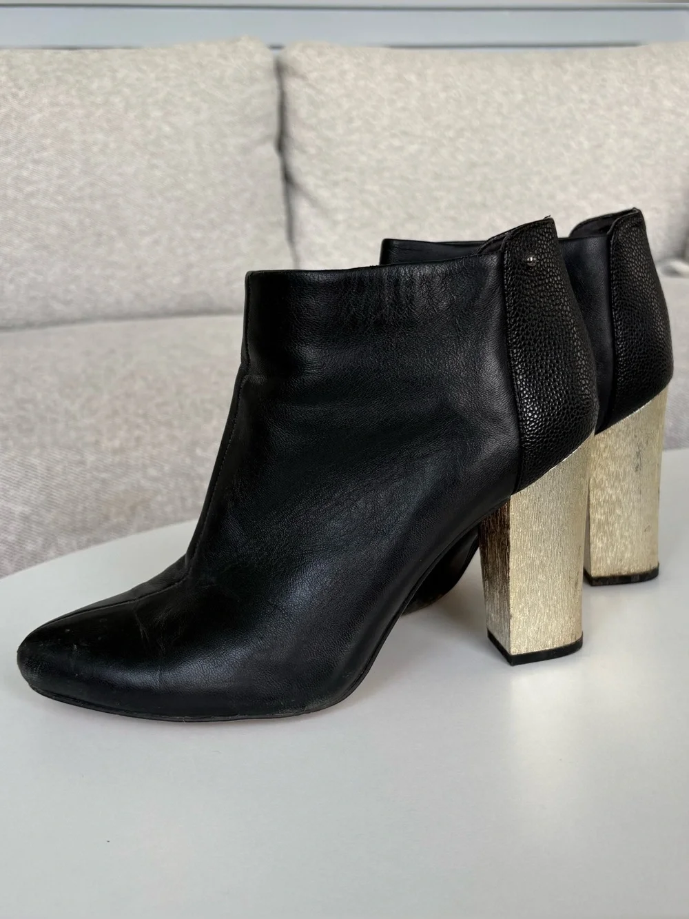 Circus Sam Edelman Black Leather Ankle Boots with Gold Block Heel